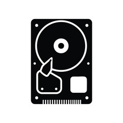 A black and white illustration of a hard drive with visible components and a circular platter design element silhouette