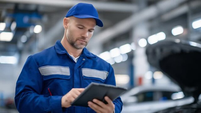 Expert mechanic in uniform performs diagnostics under a raised car hood, showcasing tools, wiring, and screens in action.
