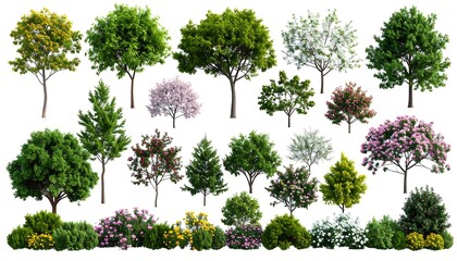 A collection of diverse tree and shrub illustrations, each showcasing unique foliage and shapes, isolated on a white background