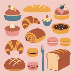 Bakery and Pastry Collection with Bread, Cupcakes, Pretzels and Sweets