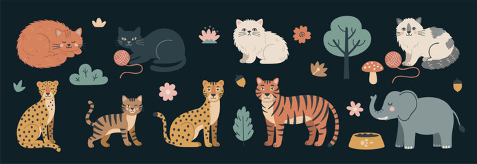 Cute Big Cats and Pets with Tiger, Leopard, Cats and Elephant in Playful Jungle