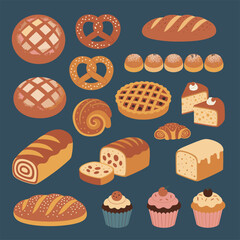 Bakery and Pastry Collection with Bread, Cupcakes, Pretzels and Sweets