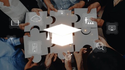 A diverse group of hands holds puzzle pieces, symbolizing the connection between education and collaboration, enhanced by icons that represent various learning aspects. Raster