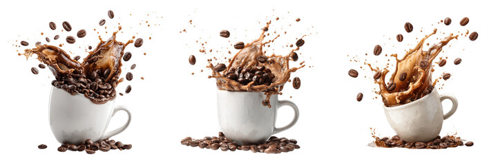 Set of Close-up of roasted coffee beans with a coffee splash in motion on transparent png background. Ai generated