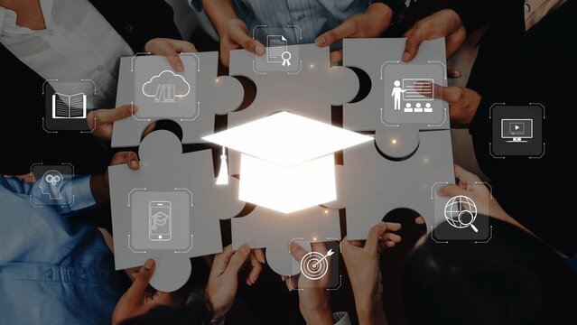 A diverse group of hands holds puzzle pieces, symbolizing the connection between education and collaboration, enhanced by icons that represent various learning aspects. Raster