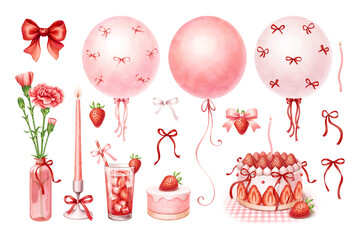 Set of pink coquette elements for birthday invitation Valentines day card Girly bows Strawberry cake