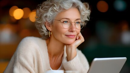 Elegant senior woman in glasses, using tablet, business, grey hair, close-up portrait