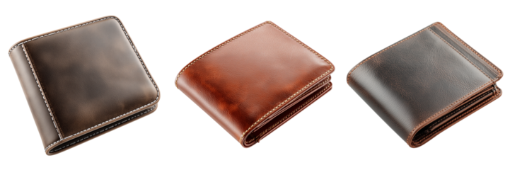 Set of Elegant brown leather wallet with stitching details on wooden surface on transparent png background. Ai generated