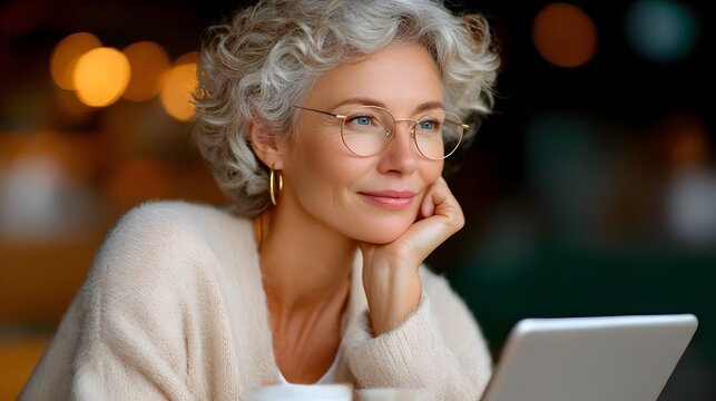 Elegant senior woman in glasses, using tablet, business, grey hair, close-up portrait