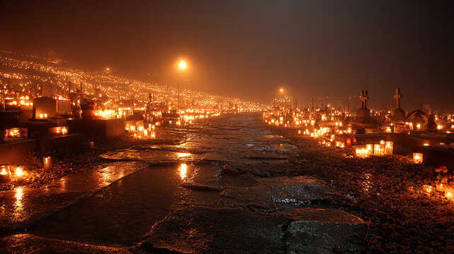 Cemetery at Night Illuminated by Thousands of Candles on All Saints Day