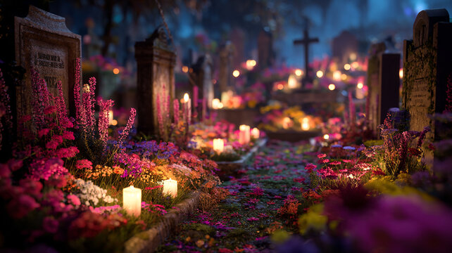 Cemetery Path Lit by Candles During All Saints Day