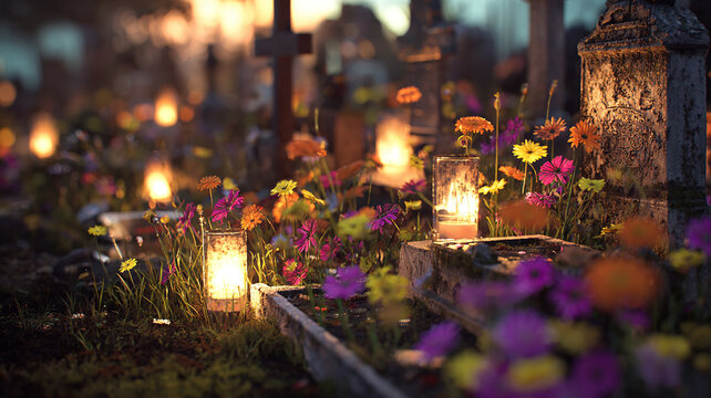 Cemetery Filled with Candles and Flowers During All Saints Day