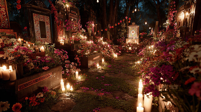 Cemetery Path Lit by Candles During All Saints Day