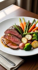 Delicious Steak Dinner with Vegetables on a White Plate.