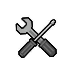 A pixel art illustration of a cross-tool icon, consisting of a gray wrench and a screwdriver with a handle and a shaft. The icon has an 8-bit or 16-bit gaming style and is on a white background.
