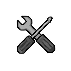A pixel art illustration of a cross-tool icon, consisting of a gray wrench and a screwdriver with a handle and a shaft. The icon has an 8-bit or 16-bit gaming style and is on a white background.