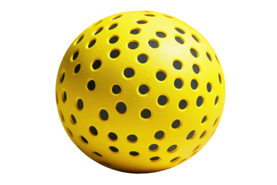 Perforated yellow sphere with many holes, isolated on a black background