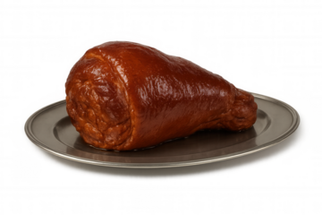 Roasted pork knuckle on a pewter plate, ready for a festive holiday dinner, transparent background