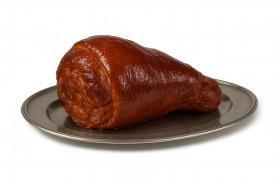 Roasted pork knuckle on a pewter plate, ready for a festive holiday dinner, transparent background