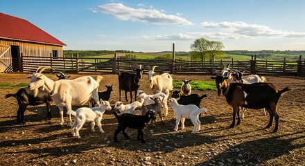 Goats Grazing near Barn on a Sunny Day.