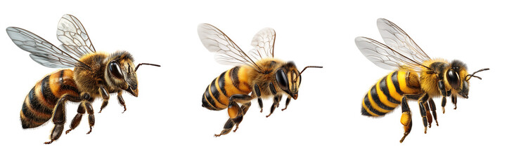 Set of Honey bee flying with wings spread on transparent png background. Ai generated