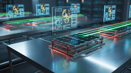 Solar panels processing on futuristic production line with holographic interface