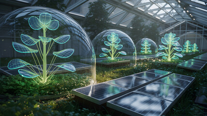 Futuristic greenhouse growing digital plants powered by solar energy