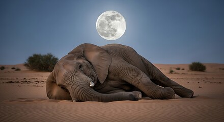 Elephant Resting Under the Moon - A Serene Desert Night Scene.