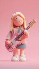 Fototapeta premium Cute doll playing a pink guitar on a pink background.