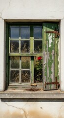 Rustic Window with Weathered Shutter and Green Frame.