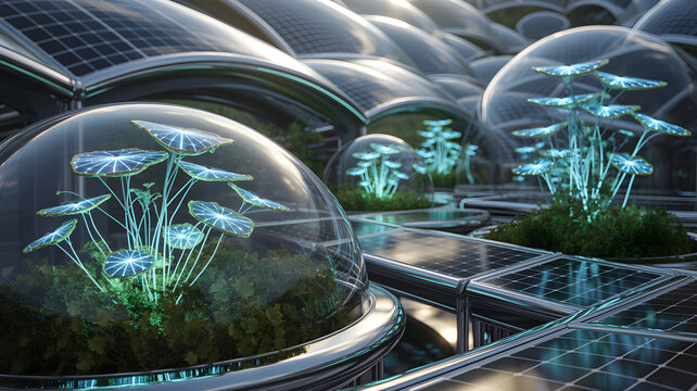 Futuristic biodome cultivating glowing solar panel plants