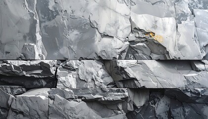 A close-up view showcasing a rugged, gray stone formation, possibly a cliff face, with intricate textures and shadows. Light reflects off the surfaces