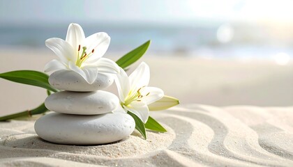 A stack of smooth white stones balanced with serene white lilies and green foliage on a sunlit sandy beach with blurred ocean view © Brokun
