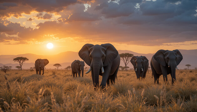 Elephants walking in the savanna at sunset majestic herd in African landscape
