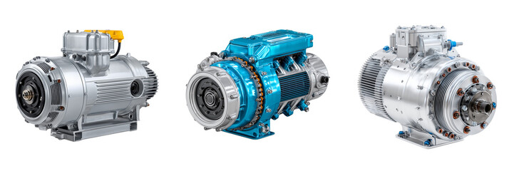 Set of Modern industrial electric motor, realistic 3D illustration on transparent png background. Ai generated
