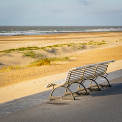 Park bench on the shore of North Sea. Wind makes structures in the sand at the ocean, natural art on the sandy beach, place to recreation on holiday