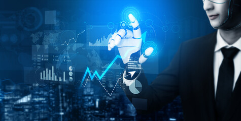 A futuristic businessman interacts with a digital interface showcasing data analytics and business insights in a modern urban environment. Scalp