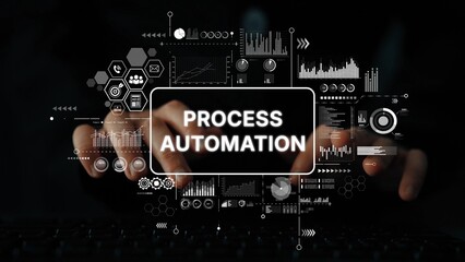 Hands Typing on Keyboard with Process Automation Text and Digital Graphs Overlay for Technology and Business Concept. Asymptotic smart data analytic.