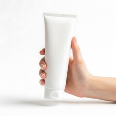 Hand holding a white tube of cream on a white background.