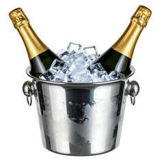 Two champagne bottles chill in a silver bucket filled with ice cubes, ready to celebrate