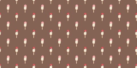 Seamless pattern with cute ice cream popsicles in strawberry and raspberry glaze on a chocolate brown background. Perfect for summer prints, wrapping paper, fabric, and digital projects