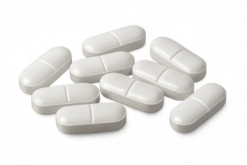 White oval pills scattered, representing medicine, healthcare, therapy, prescription drugs, pharmacy and pain relief