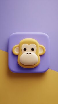 Cute monkey face on a purple square, yellow and gold background.