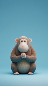 Cute monkey figurine with hands clasped, sitting on a blue background.