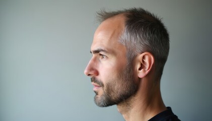 Obraz premium Man profile shows thinning hair and graying temples. Mature male contemplates hair loss and aging concerns. Head shot with neutral background, side view.