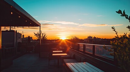 Fototapeta premium Urban Rooftop Oasis at Sunset: Serene Cityscape with Warm Golden Hour Glow
