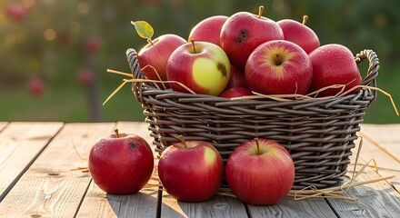 Basket of Fresh Red Apples on Wooden Table in Orchard.