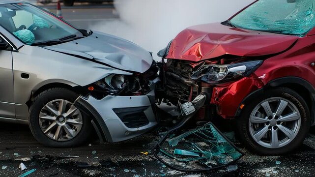 Two cars involved in a head-on collision on wet asphalt, showing severe damage and broken glass &mdash; insurance claim, accident liability, and compensation following rainy road crash