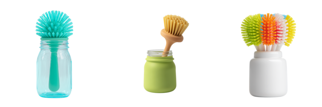 Set of Top view of a scrub brush with bristles facing up on transparent png background. Ai generated - Powered by Adobe