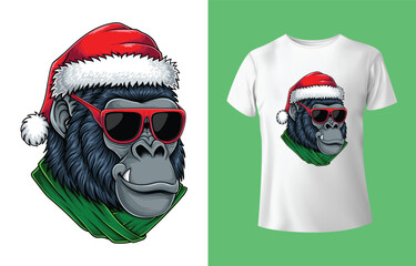 Cool gorilla wearing santa hat and sunglasses presented as a t shirt design for christmas © Avijit Artworks